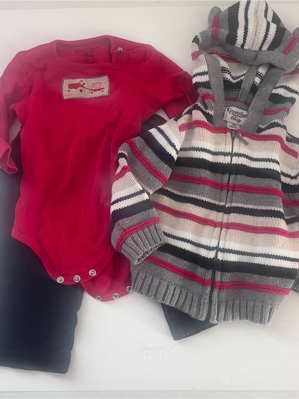 Hartstrings Baby Boy 3 Piece Set Striped Sweater, Wagon Shirt, Black Pants 12m